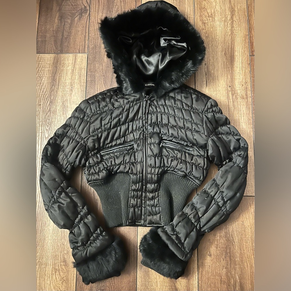 Bebe Black Jacket with Rabbit Fur Hood & Cuffs